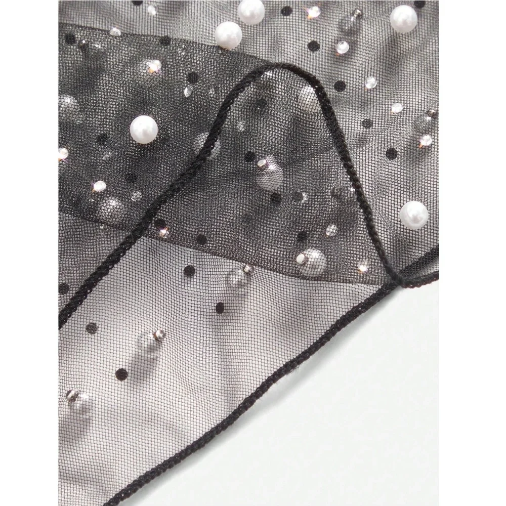 Black Sheer Mesh Long Sleeve Feather Shirt with Faux Pearls Sparkles Beaded - Picture 10 of 15